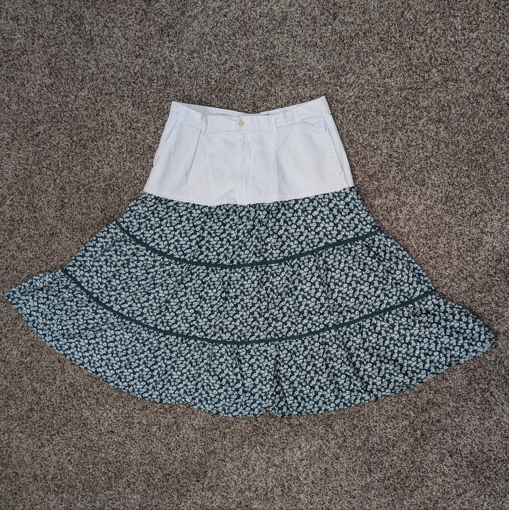 Upcycled Ralph Lauren White Jean/Green Print Challis Prairie Maxi Skirt 40 Waist